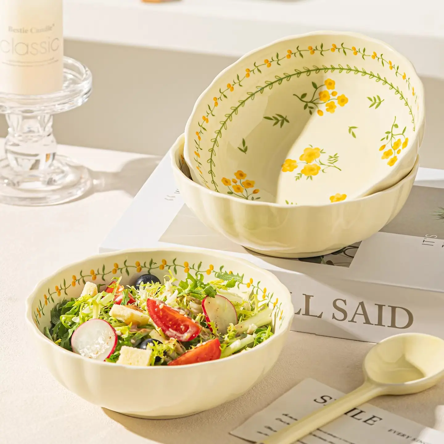 2 pieces of 6.25-inch ceramic salad serving bowls, featuring small yellow flower patterns, light yellow in color, suitable for desserts and cereals. Ideal for holding snacks and treats. Lead-free underglazed, microwave-safe, and dishwasher-friendly