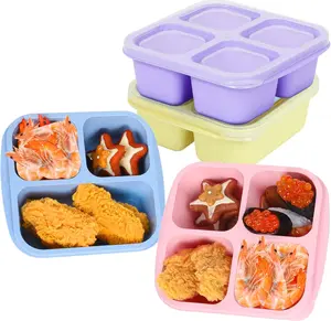 4 Pack Reusable Lunch Snack Containers for Kids with 3 & 4 Compartments, Wheat Straw Meal Prep Lunch Box, Stackable Adult Lunchable Containers for Work, School and Travel, BPA Free