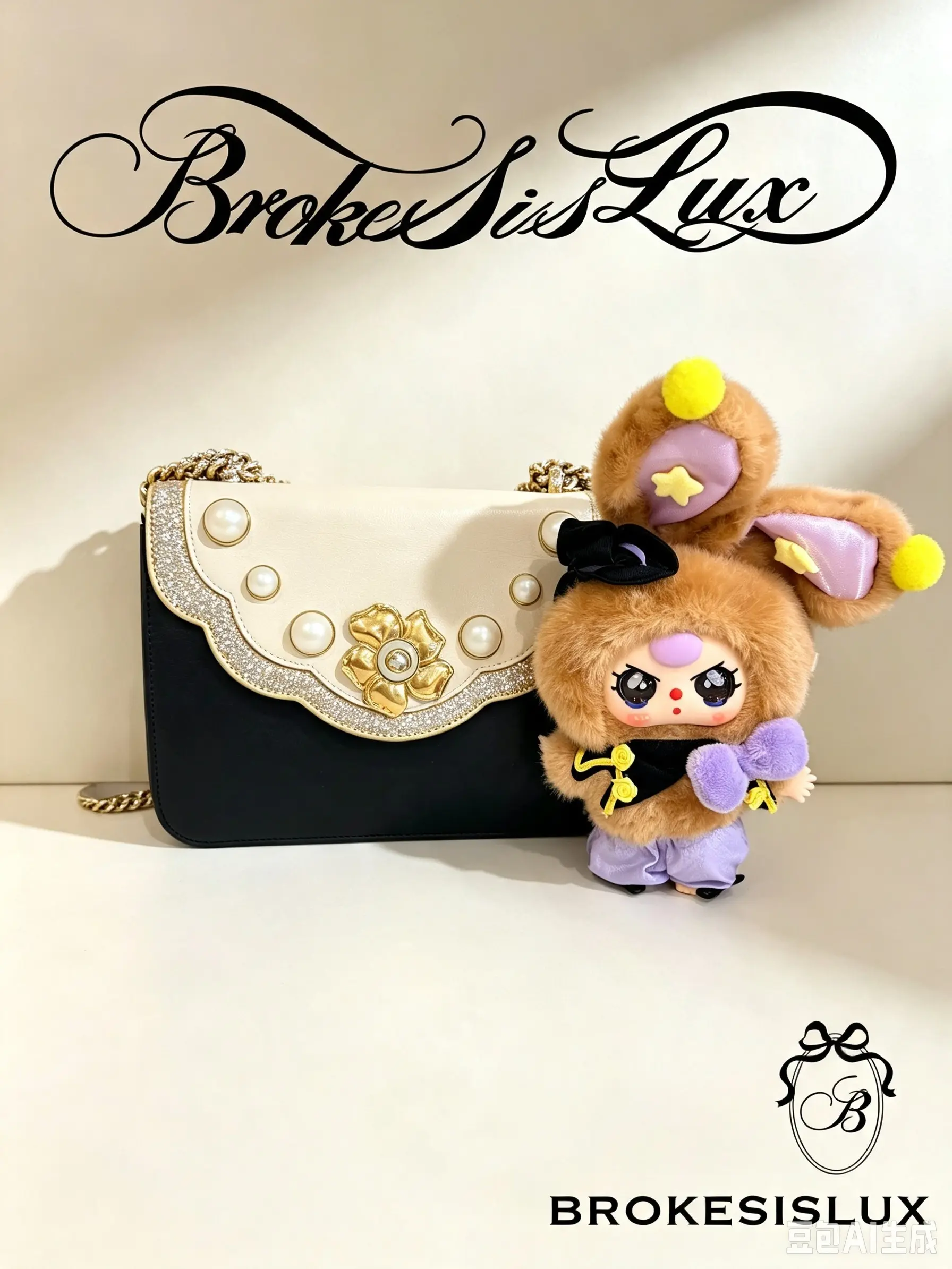 Pre-owned GUCCI Pearl & Flower Chain Shoulder Flap Bag, Black & Ivory Leather