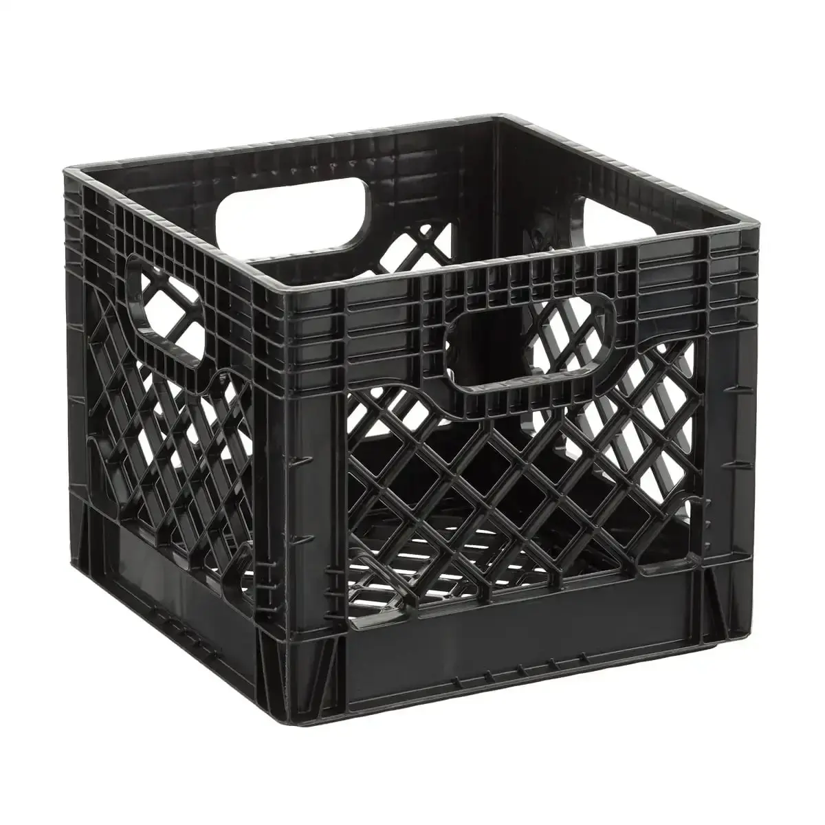 Black Plastic Milk Crate – 16QT Heavy-Duty Square Storage Container