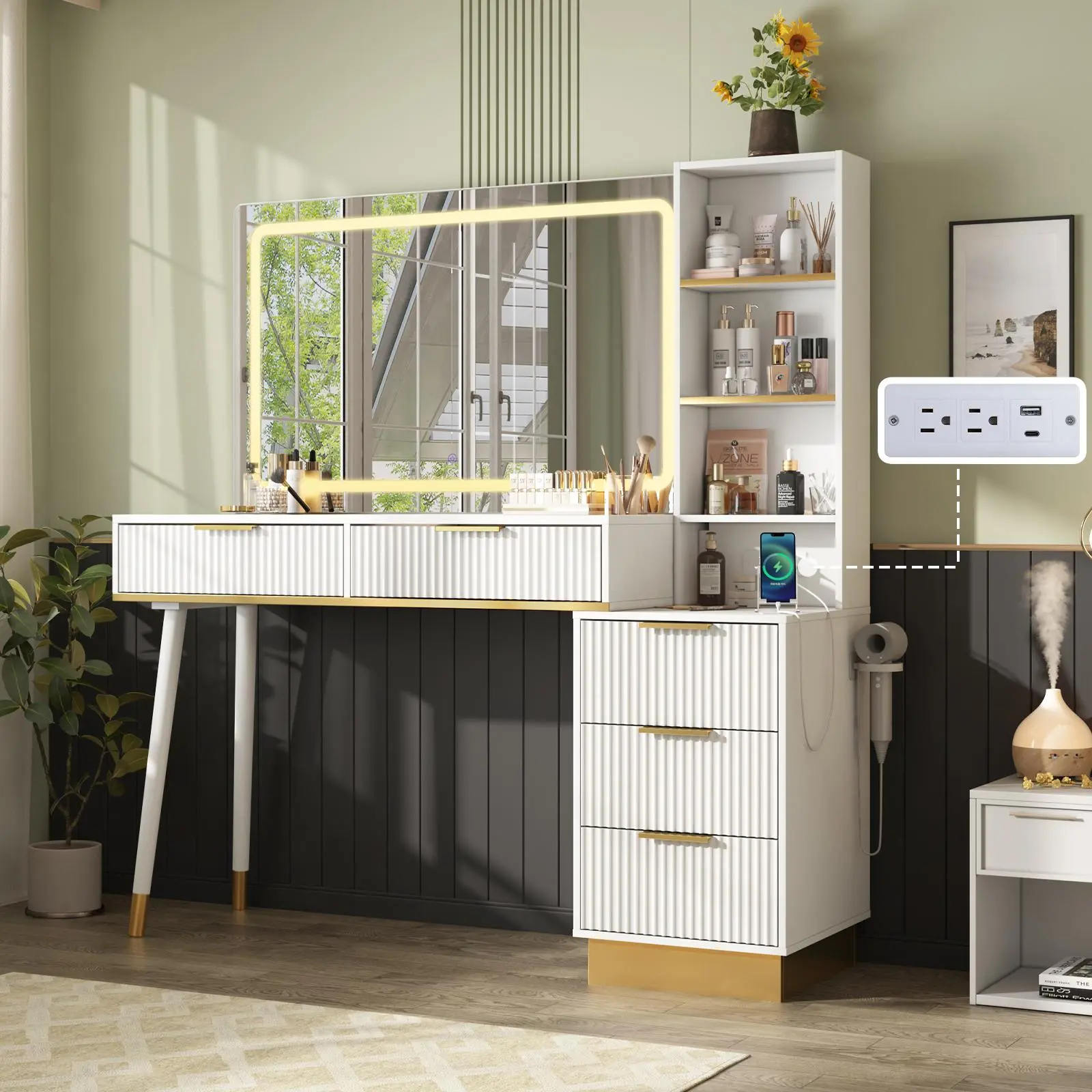[Summerwins] [SummerFinds] AMERLIFE 54" Tall Makeup Vanity, Vanity Desk Table with 35"W x 24"H Mirror, 5 Drawers, 3 Shelves & Charging Station, Glass Top, Modern Minimal for Home Storage/Interior Bedroom Furniture/Best Gift Ideas/Christmas Gifts