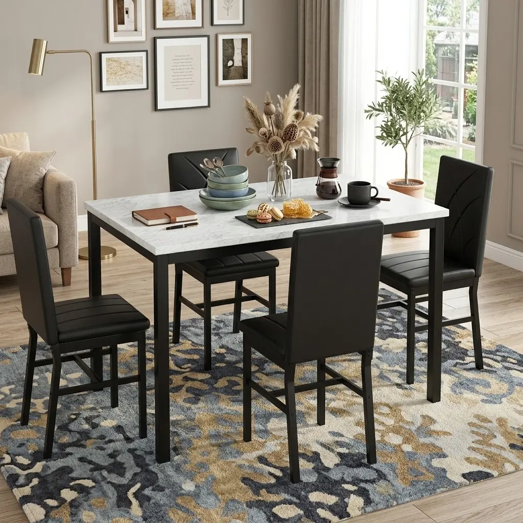 5-Piece Mid-Century Rectangular Faux Marble Dining Table Set of 4 with Velvet Upholstered Chairs, Quick-Install Solid MDF Compact Indoor Classic Dining Room Furniture for Apartments
