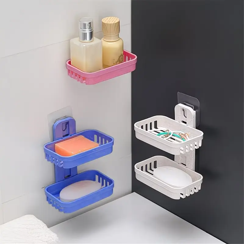 Plastic Double-Layer Wall-Mount Bar Soap Dishes, 1/2/3 Sets Blush Pink/Beige Hollowed-Bottom Sturdy Durable Holders, Compatible with Toothbrush Soap Holders for Bathrooms, Soap Holder, Wall-Mount Soap Dishes