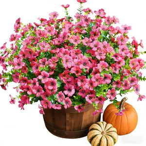 Artificial Fall Flowers Fake Mums for Outdoor Autumn Decoration, 10 Bundles Faux Silk Mums Daisy Look Real UV Resistant for Outside Home Porch Patio Planter, Rose Red