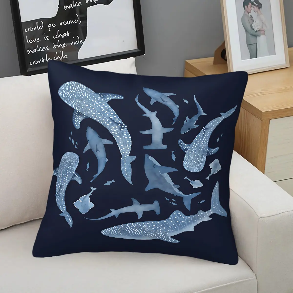 Whale Shark & Hammerhead Watercolor Print Throw Pillow,Soft Navy Blue Accent Cushion,Cute Coastal Accent Cushion,for Coastal Home,Ocean Themed Bedroom,Beach House,Beachy Bedroom,Ocean Lover Dorm Decor,Nautical Living Room