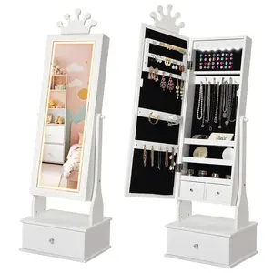 Kids Jewelry Armoire with LED Light & Full-Length Mirror, Freestanding Organizer with 3 Drawers - Perfect Vanity for Girls' Dress-Up,White, girl