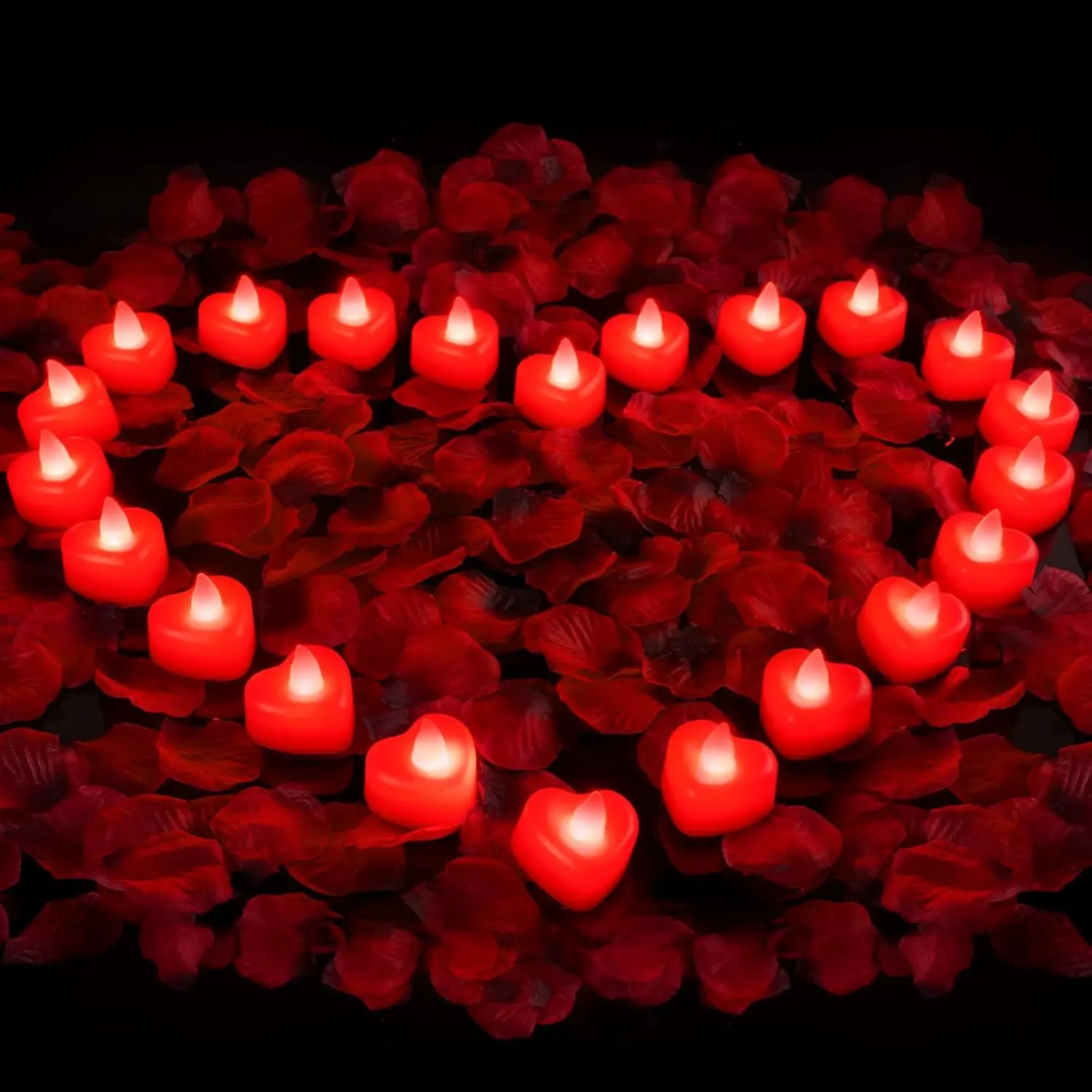 [BacktoSchool] 2000 Pieces Red Artificial Rose Petals with 24 Red Heart LED Tea Lights, Rose Petals and Candles Set for Proposal, Anniversary, Romantic Night,#SummerSaleDeals