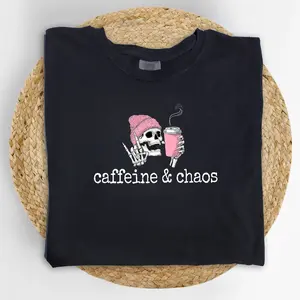 MAPTEES Caffeine And Chaos Comfort Colors Shirt, Coffee Lover Skeleton Graphic Tee, Dark Humor Coffee T-shirt, Skeleton Drinking Coffee Outfits
