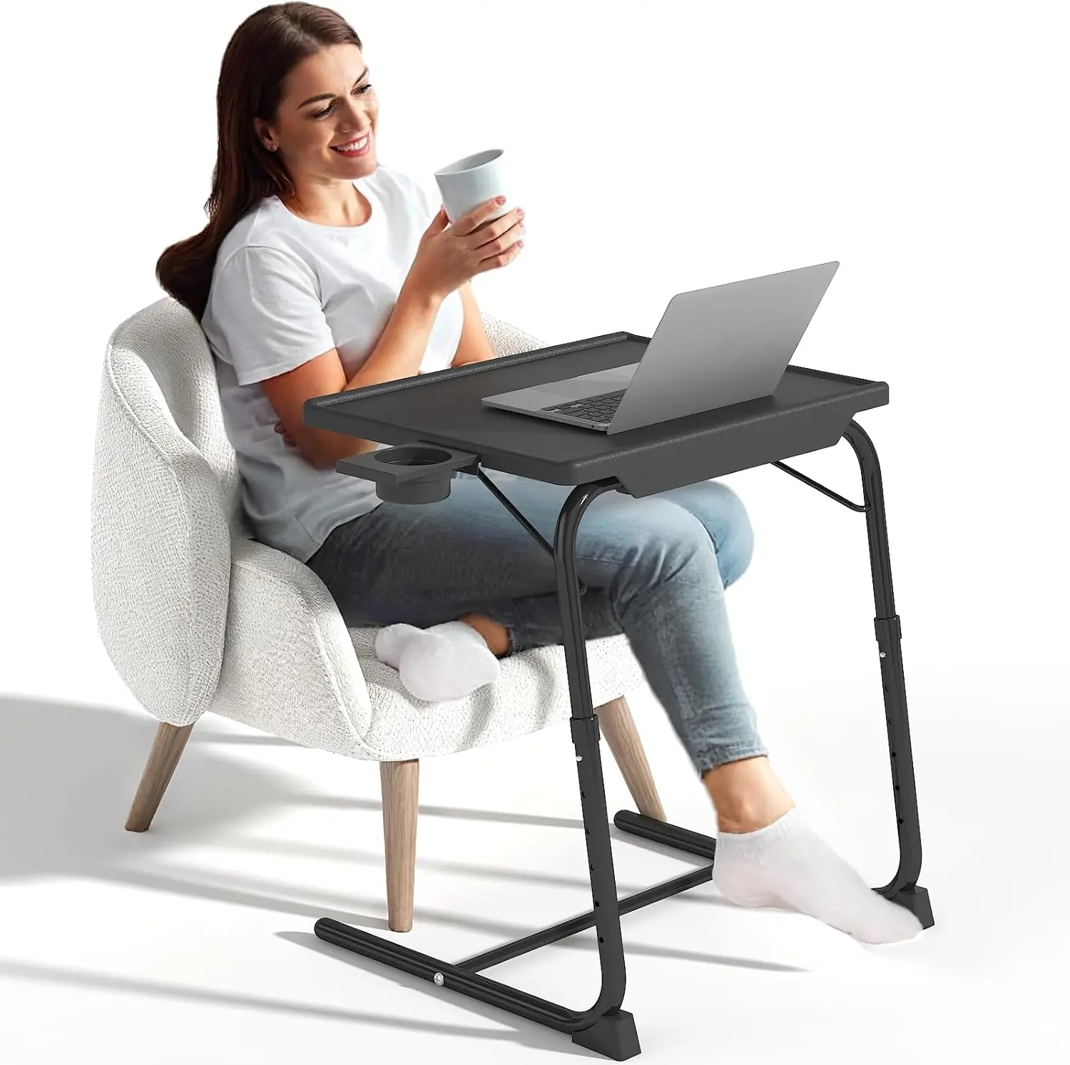 Folding Computer Table, TV Tray Table, Adjustable Dinner Table for Eating on Sofa with Cup Holder, Folding Desk with 6 Height & 3 Tilt Angle Adjustments, Comfortable Laptop Stand for Bed & Sofa
