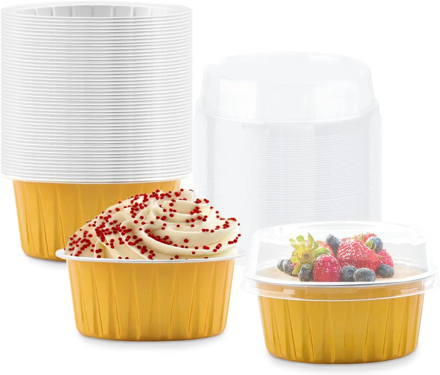 50 Pack Baking Cups with Lids, Aluminum Foil Cupcake Cups Muffin Liners, Disposable Foil Ramekins, Cupcake Holders Dessert Containers Mini Pudding Cups for Birthday, Christmas