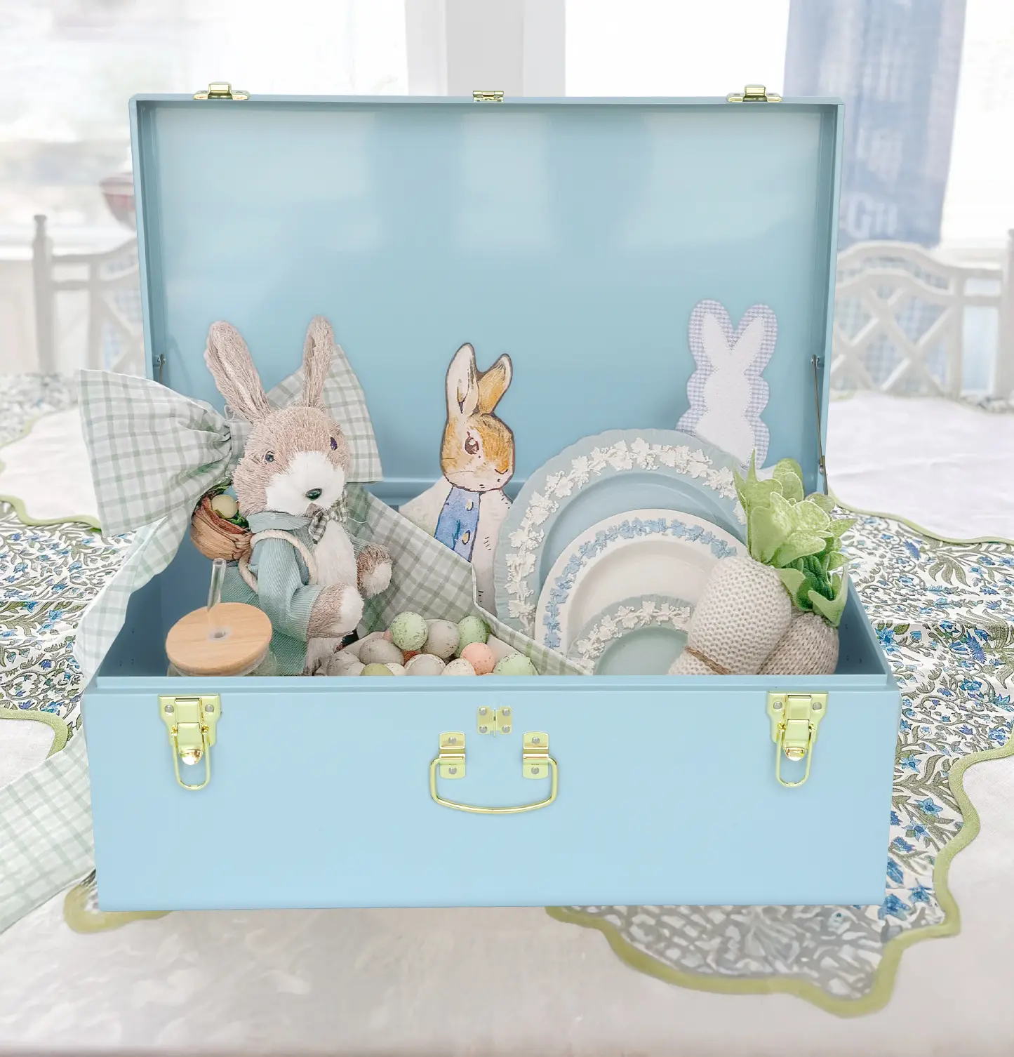 Light Blue Metal Keepsake Trunk with Gold Hardware, Vintage Lockable Memory Chest Box for Bedroom, College Dorm & Home Decor (Single)