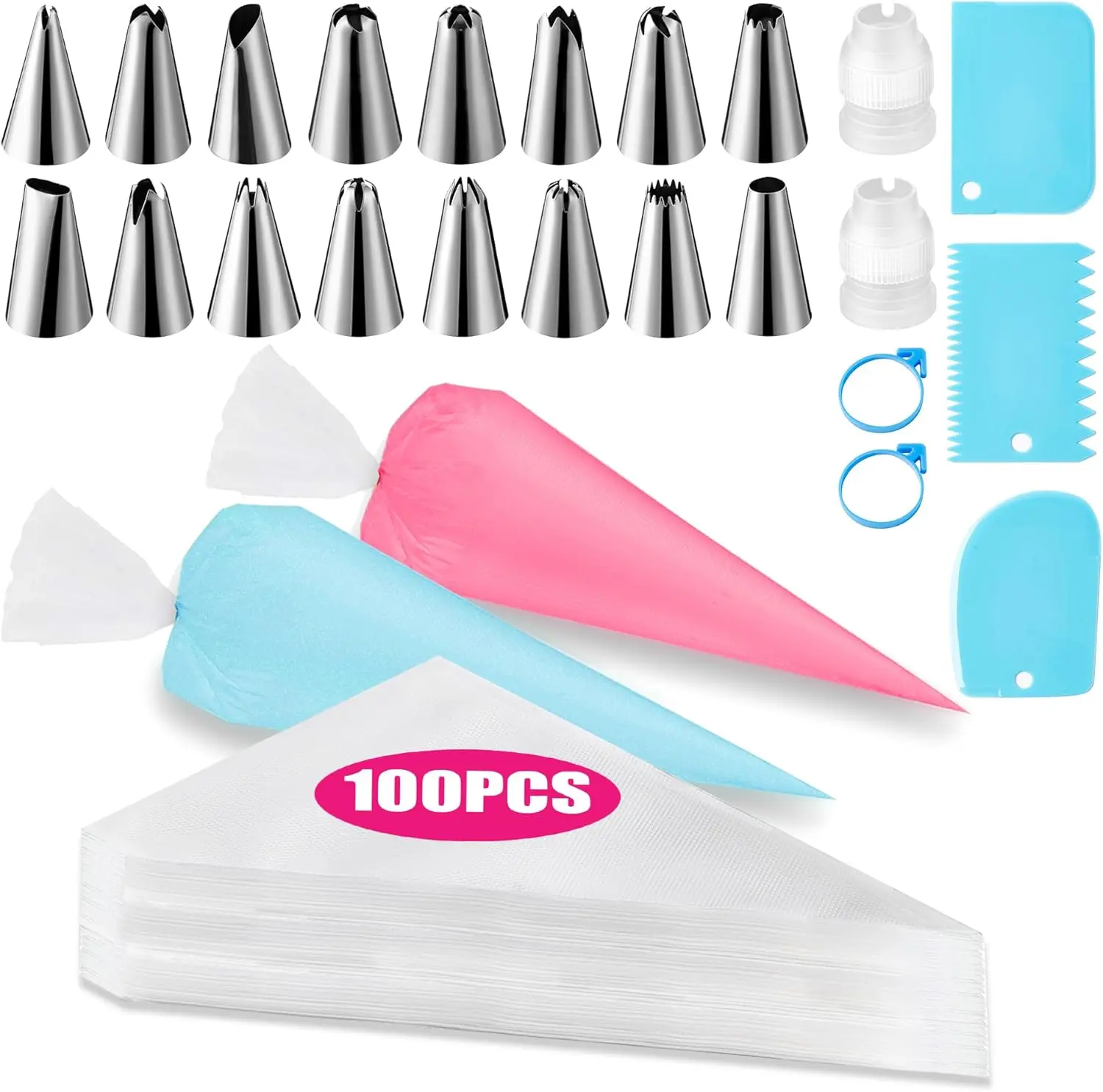 BPA-Free Non-Slip Durable Kitchen Icing Piping Set - Disposable Plastic & Stainless Steel Bakeware Tool Kit, 100 pcs 12in Antiburst Piping Bags, 16 Floral Nozzles, 3 Scrapers, 2 Couplers, 2 Bag Ties for Parties