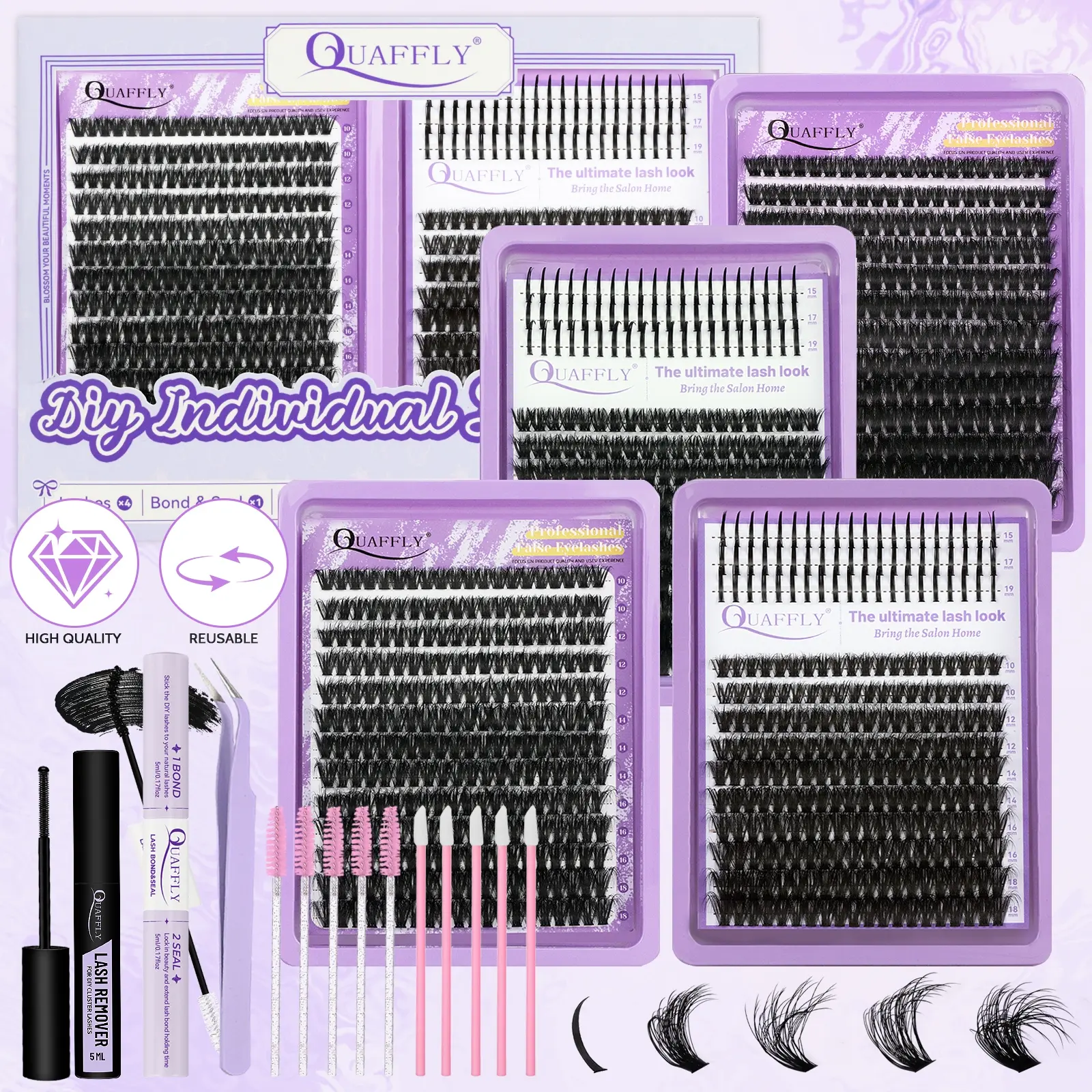 Lash Clusters Kit, Eyelashes Extension Set, False Eyelashes Extensions 60D+80D Individual Spikes Lashes Manga Eyelash Clusters D Curl Eyelash Extension Kit with Lash Bond & Seal Lash Remover Tweezer Brush*5 for Anime Eyelashes