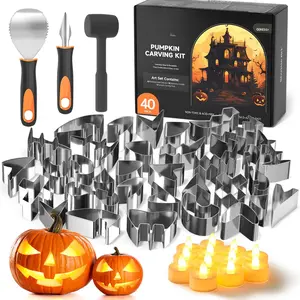 40 count Pumpkin Carving Kit, 22 count Stainless Steel Pumpkin Carving Stencils with 15  Candles & 3 Carving Tools, Easy Safe Fun and Durable for  Adults Pumpkin Carving