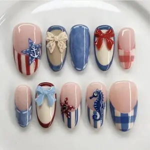 roberthub.nail 4th of July Coastal Bow Nautical Press-On Nails, Blue Plaid French Tip Design, Seahorse Starfish Charm Detail, Glossy Handmade Summer Beachcore Almond Nail Set