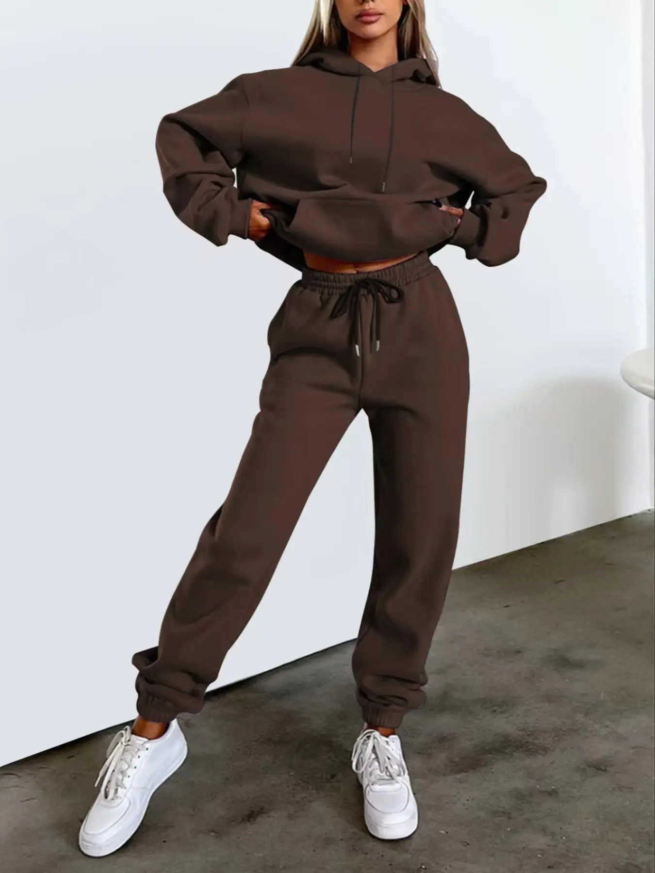 Winter New Solid Color Fleece Hoodie Kangaroo Pocket Long Sleeve Sporty Basic Casual Loose Fit Sweatshirt + Elastic Waist Warm Pants Outfit Set, Unisex Daily Wear, Womenswear, Clothes