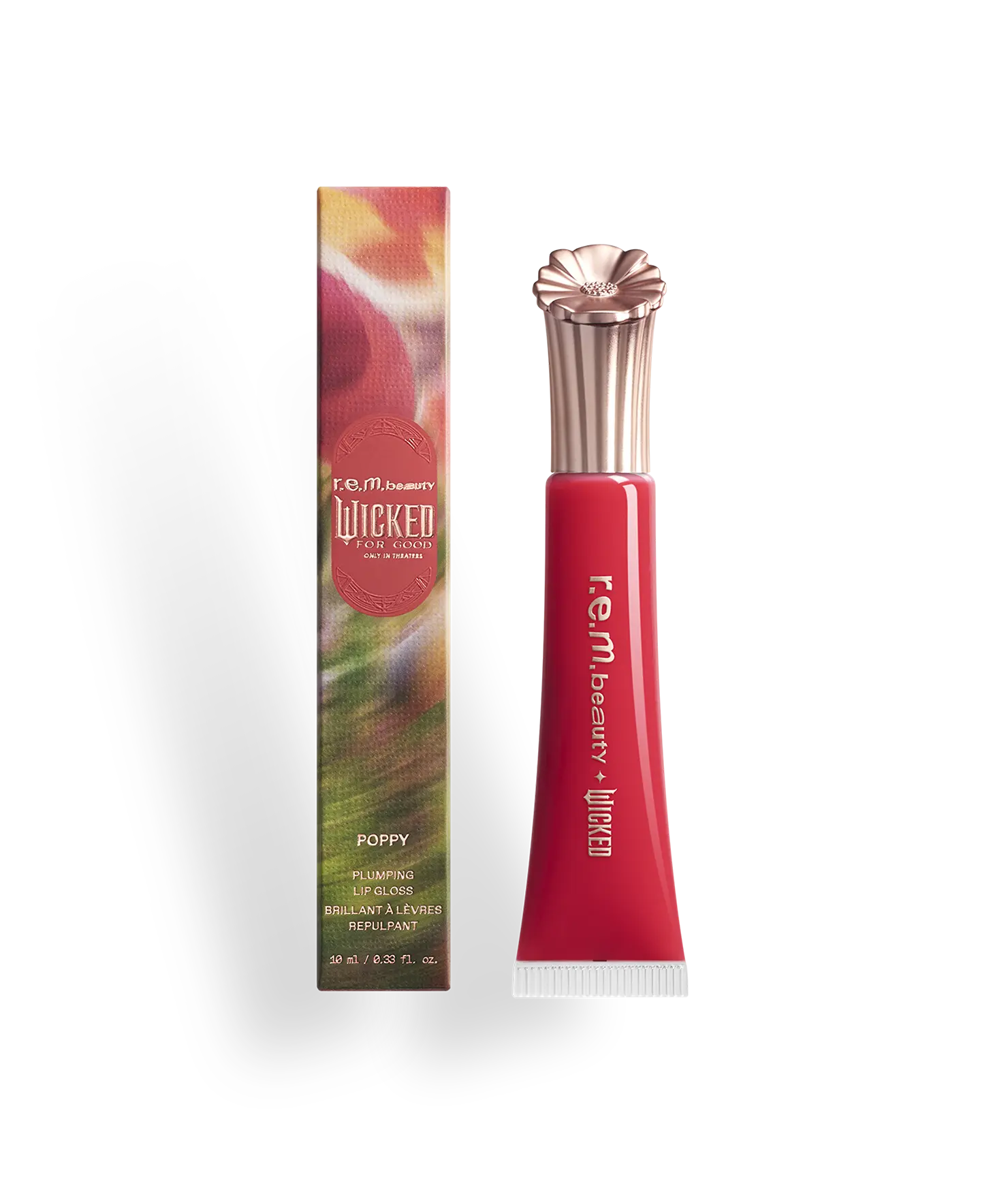 r.e.m. beauty x Wicked: For Good Poppy plumping lip gloss - high shine, plumps lips, vibrant red, rich plum, violet & gold, non-sticky, hydrating, nourishing