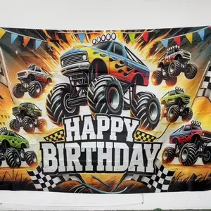Monster Truck Pattern Birthday Background Banner, Monster Truck Birthday Party Decoration, Wall Decoration, Photography Background, Indoor & Outdoor Decoration, Ornaments