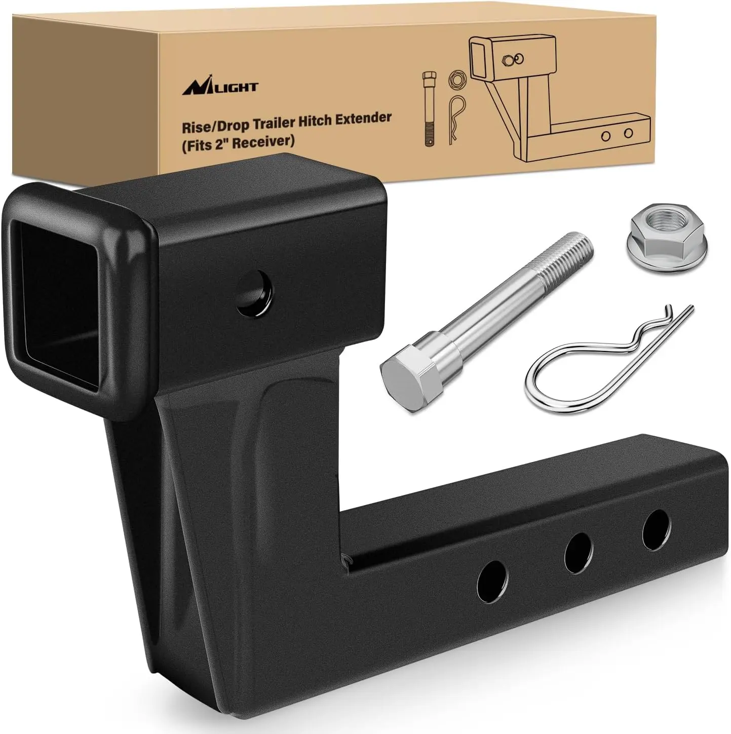 Nilight Solid Steel Adjustable 2-In Receiver Trailer Hitch Extension Riser, 5"/7"/9" Extendable Length, 6" Rise/Drop, 7500 lbs Capacity, 13 in Overall Length, Bolt-Nut Clip Included, Matte Black Powder Coat, Boating Accessories, Towing Gear for Campers
