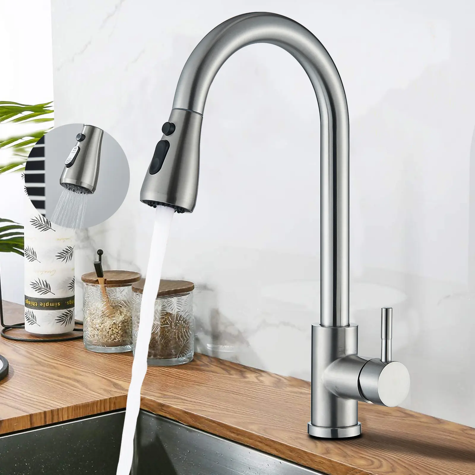 Brushed Nickel Modern Kitchen Faucet with Pull Down Sprayer, High Arc Single Handle Classic Stainless Steel Sink Faucet 1 or 3 Hole, Suitable for Farmhouse Camper Laundry Rv Bar,Black,Chrome,Brushed Gold
