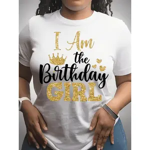 Birthday Graphic Women's Casual Short Sleeve T-Shirt - White with Golden Glitter Lettering & Crown Design, Round Neck Regular Fit Machine Washable All-Season Birthday Party Top, Birthday Outfits for s, Celebratory Design, Comforta
