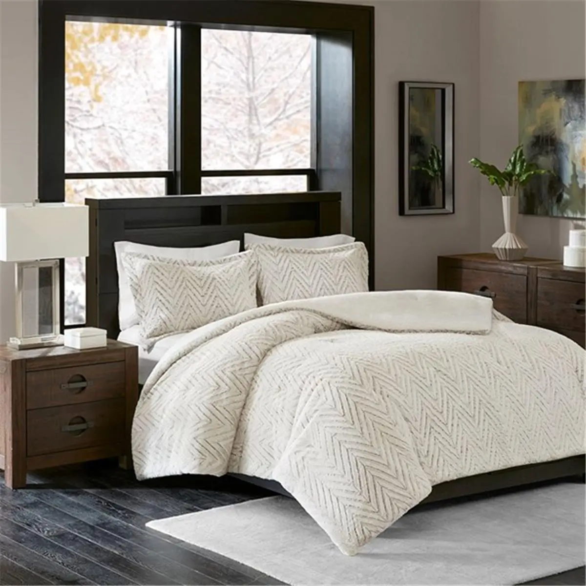 212 MAIN Adelyn Ultra Plush Down Alternative Comforter - Ivory Chevron Print, Full&Queen Size, Decorative Bedding Set, Brushed Long Fur, 2-Inch Flange, Cozy Look, Machine Washable Bedding
