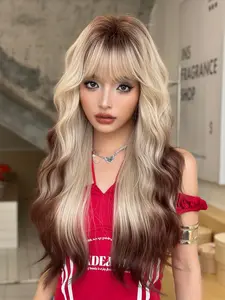 26 Inch Long Ombre Blonde Wavy Synthetic Fiber Wigs for Women, Gorgeous Fluffy Wigs with Bangs, Synthetic Full Machine Wigs for Party, Daily Use, Synthetic Hair Wigs, Fluffy Wave Wig