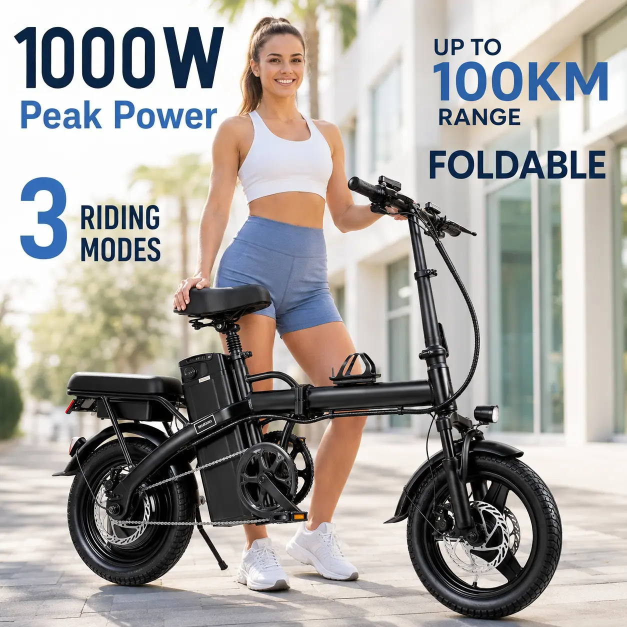 Unisex Adult 750W Folding Ebike Cycling Bike (1000 W & Above Equivalent Performance), 48V 15Ah Removable Battery, 20+ MPH, 20-30 Mi Range, Dual-Seat Compact Commuter Bicycle, 14-Level Adjustable Suspension, Disc Brakes, 14-Inch Tires, UL 2849 Certified