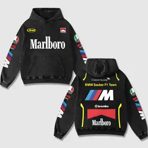 Retro Marlboro x BMW Sauber Racing Acid Washed Hoodie MotoGP World Champion Enthusiast Apparel Streetwear Racing Team Motorcycle Clothing Motobike Riders Supermotor Off-Road Dirt Bike Fan Gear Cotton For Motor Fan