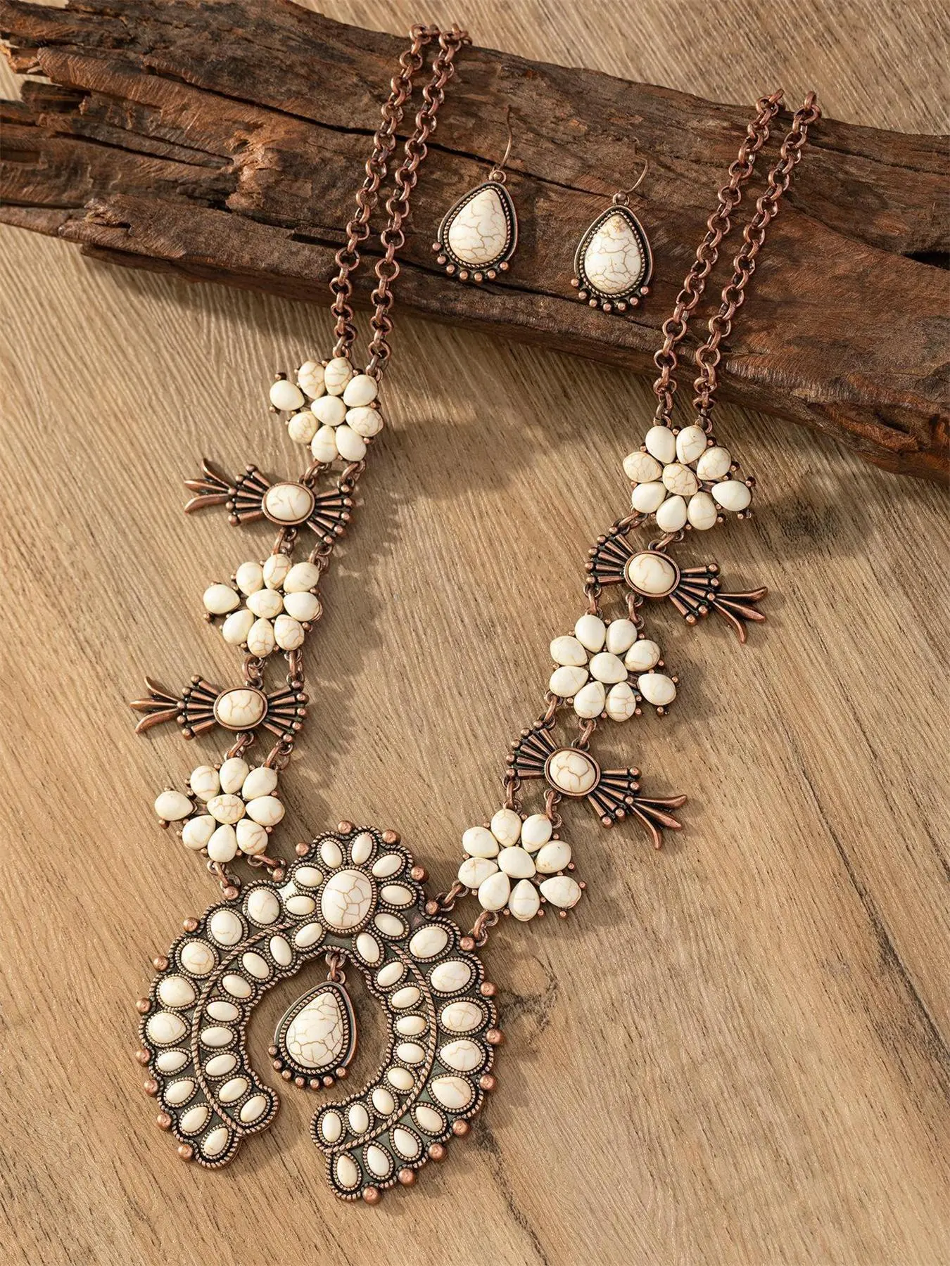 Vintage Boho Style Flower Design Turquoise Decor Jewelry Set, Necklaces Earrings Set, Necklace And Earring Set, Including Dangle Earrings & Necklace Pendant, Daily Clothing Decor, All-match for Birthday Gift, Jewellery Gift Set
