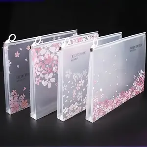 A4 Waterproof Cherry Blossom Zipper Bag, Transparent Pink, Office Travel Organizer