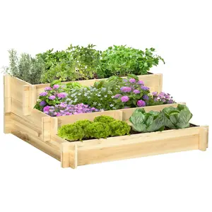 3 Tier Raised Wood Garden Bed - Elevated Flower Planter Box with Water-Draining Fabric for Soil, Ideal for Vegetables, Herbs (Natural Finish)