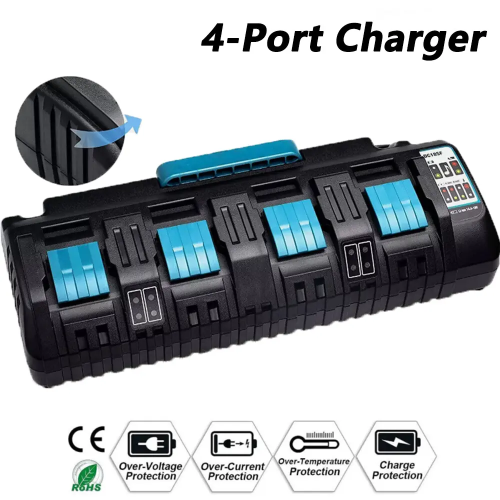 Makita LXT Lithium-Ion Rapid 2-Port Battery Charger (DC18RD) with 4-Port Rapid Charger Option, 14.4V-18V, 100-260V 50-60Hz, 5V 2.1A Max USB Output, DC18SF Compatible, Brand New Power Tool Accessory, 14.4V-18V Out, Charger Only, Compatible Ports