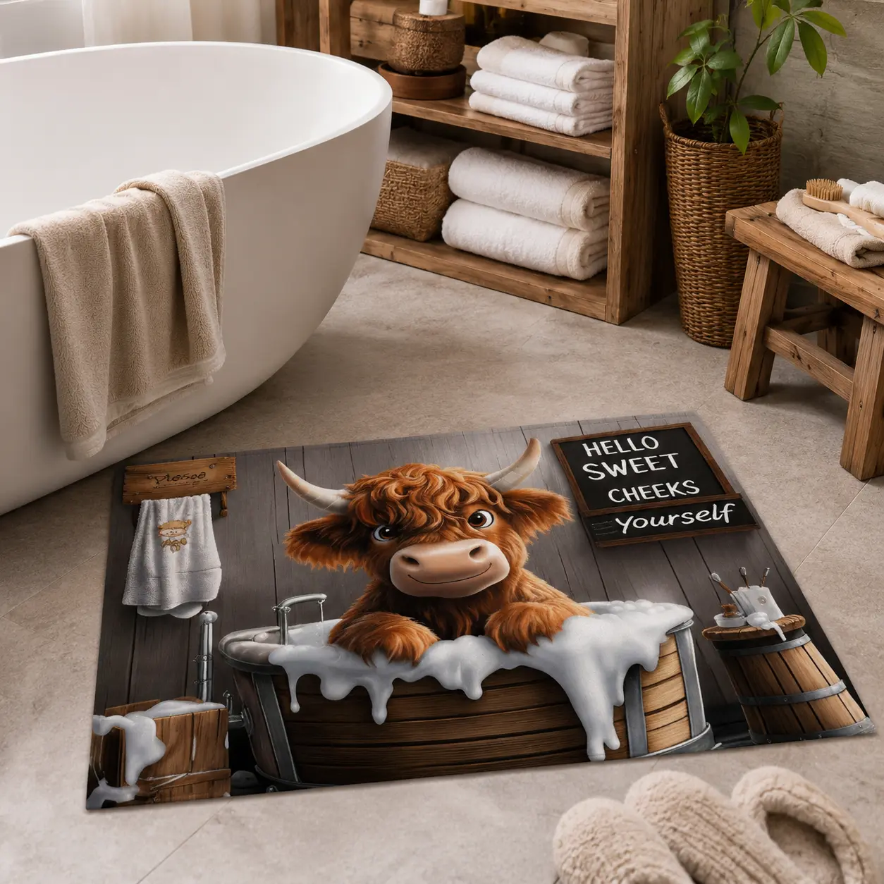 Highland Cow Bathroom Rug, Cute Cow Bath Mat, Funny Farmhouse Bathroom Decor, Fluffy Cow Tub Design Floor Mat, Premium Tech Cloth Non Slip Mat for Bathroom, Toilet, Shower, Vanity