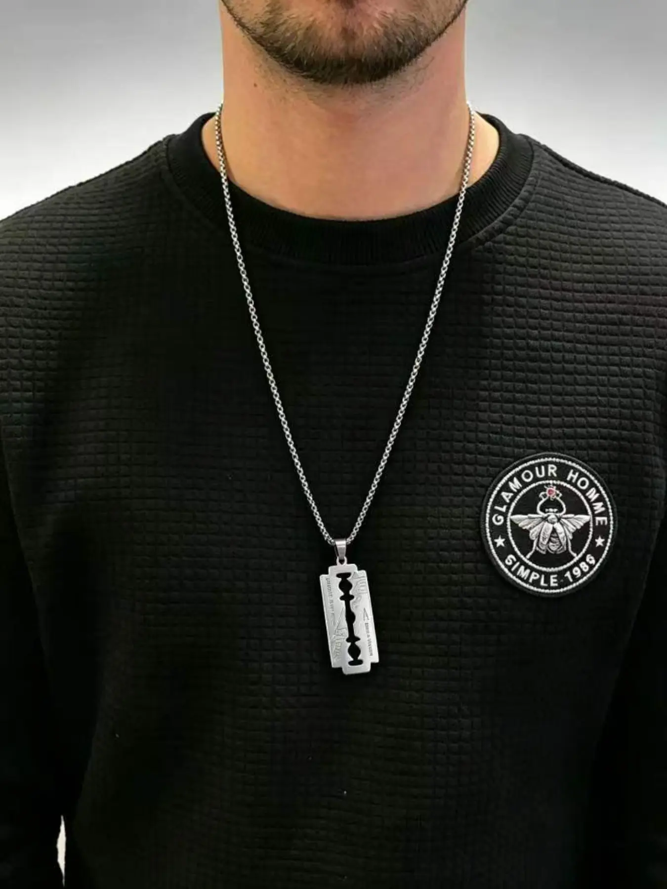 Hip-Hop Razor Blade Pendant Necklace, British Steel Engraved, 70cm Titanium Steel Sweater Chain, Daily Versatile Chain, Streetwear Jewelry for Men and Women