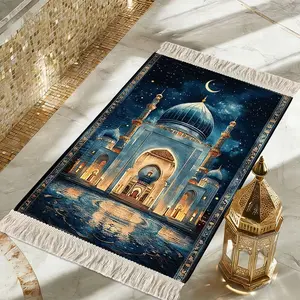 1Pc Muslim Festival Oil-Paint Holy-Mosque-Night Foldable Prayer Pad, Anti-Slip Base + Quick-Absorb Surface, Home-Worship+Festival-Pilgrimage Universal Machine-Wash, Pilgrimage Gift Multi-Size Muslim Prayer Rugs