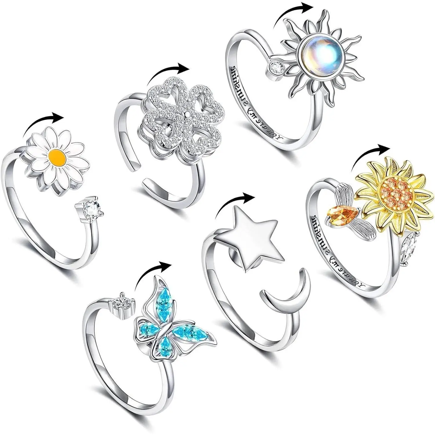 BY-ARE14 Fidget Anxiety Rings for Women Adjustable Spinner Fidget Rings for Anxiety You Are My Sunshine Spinner Ring Butterfly Sunflower Moon Star Stress Relief Stackable Rings Set