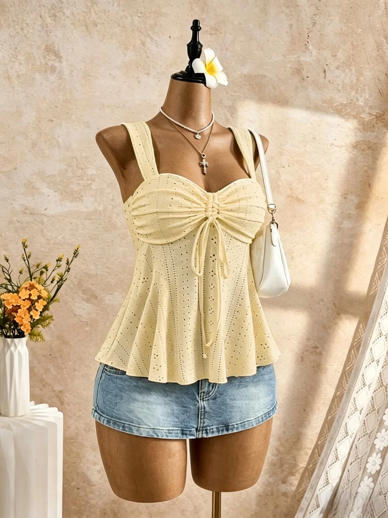 Solid Color Jacquard Tie Front Ruffle Strapless Tank Top, Heart Neckline Sleeveless Top, Casual Summer Sleeveless, Stylish, Feminine and Comfortable, Womenswear