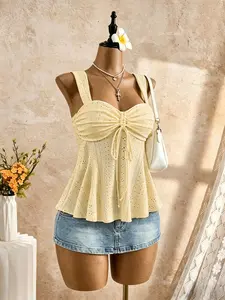 Solid Color Jacquard Tie Front Ruffle Strapless Tank Top, Heart Neckline Sleeveless Upper, Stylish, Feminine and Comfortable Fashion Wear Womenswear
