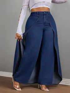 Women's Plus Size Two-Piece Denim Jeans, Casual Faux Two-Piece Design, Comfortable and Stylish Jeans for Everyday Wear, Pants, Womenswear, Lady