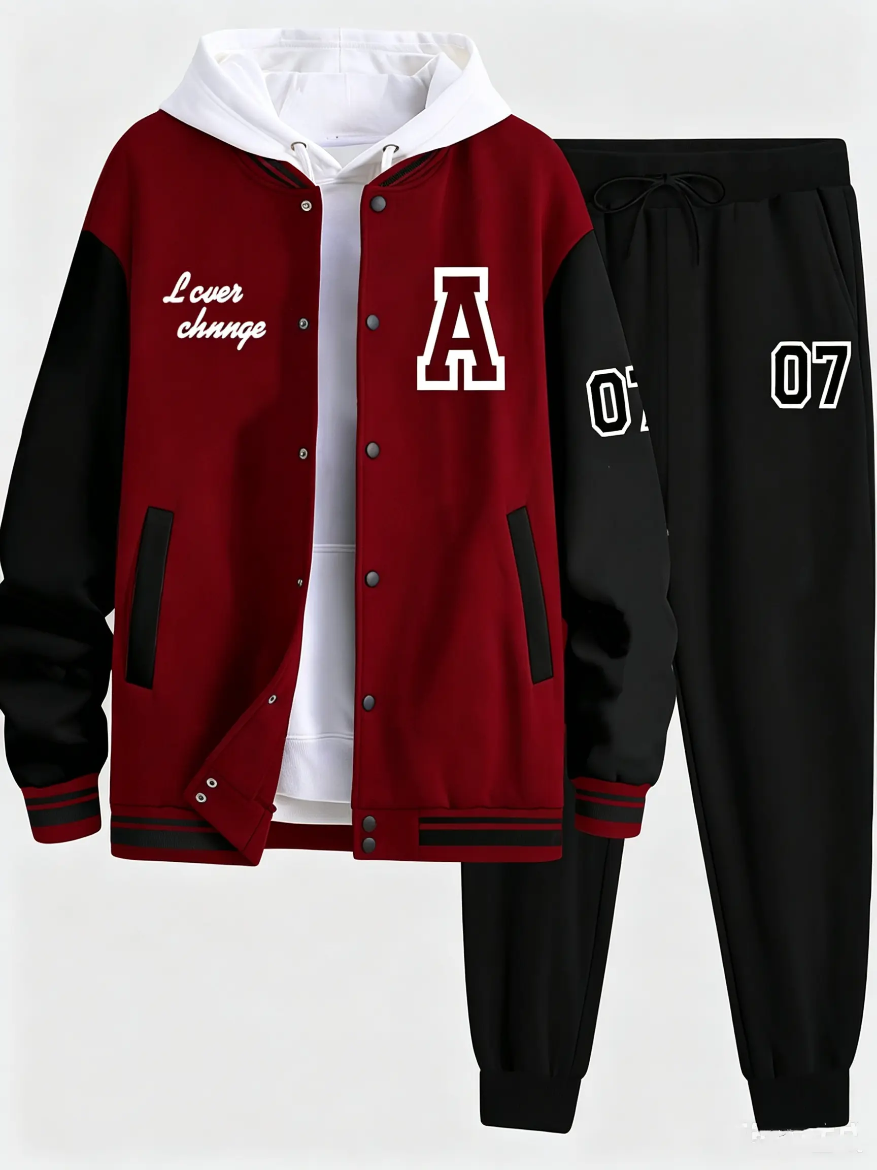 Men's 2-Piece Streetwear Varsity Tracksuit Set - Polyester Color Block Snap Button Baseball Jacket with Letter A Print, Oversized Hooded Inner, Number 07 Jogger Sweatpants, Casual Loose Outfit, Side Pockets, Letter Print