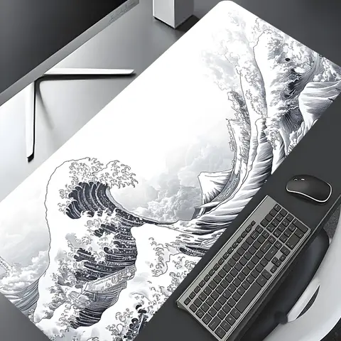Japanese Monochrome Wave Ukiyo-e Design Large Gaming Mouse Pad,Aesthetic Desktop Drotection Pad,,Washable Rubber Pad Non-Slip Lock Edge Multi-Size Mouse Pad Suitable For Home Office,Desk Office Accessories,Good Gift for Family and Friends