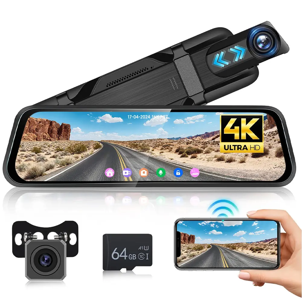 RIMOODY Automotive Dashcam, 9.66" IPS Touch Screen 4K+1080P Car Dashboard Camera, HD Driving Recorder with HDR Nightvision, WIFI App Control, Dual Lens, Loop Recording, Parking Monitoring, ADAS, G-Sensor, 64G Card