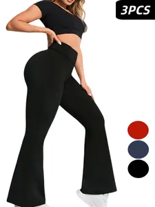 3PCS New High-Waisted Butt-Lifting Pants for Women, Wide-Leg Fitness Dance Pants, Outer Wear High-Stretch Pants, Slightly Flared Shark Leg Pants for Women, Outer Wear Thin Spring/Summer Style, Tummy Control Butt-Lifting High-Waist Stretch Leggings