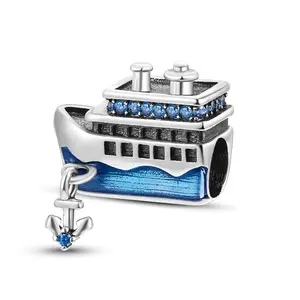 MULA 925 Silver-plated Cruise Ship Beaded Charm | Nautical Adventure Jewelry | Blue Zircon and Hand-Painted Enamel | Suitable for Pandora Bracelets and Necklaces | Perfect Gift for Travelers and Ocean Lovers