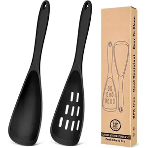 Pack of 2 Cooking Spoons for Non Stick Cookware, Multifunction Spatula Spoon BPA-Free, One-Piece Design, Suitable for Scooping, Scraping, Serving and Mixing(BLACK)