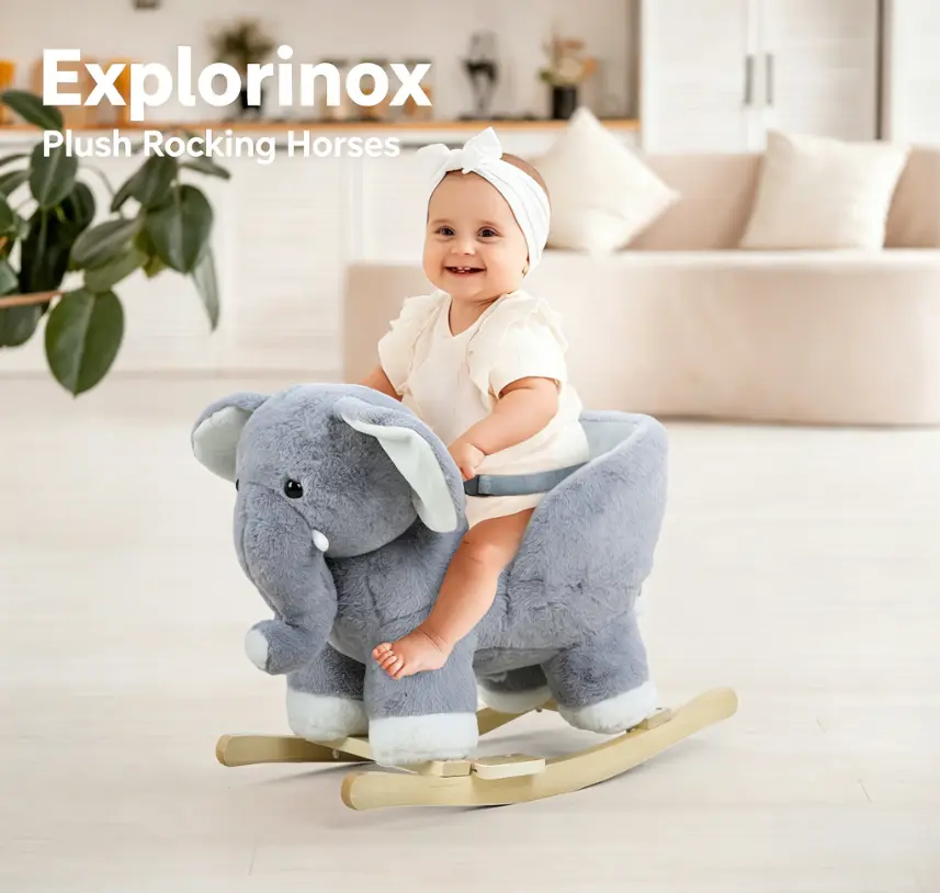Explorinox Kids Polyester Elephant Shape Rocking Toy - 1 Rocking Horse Ride-On Rocker with Music, Ergonomic Handle, Metal Frame, Toddler Toy for Fine Motor Skills, Physical Equilibrium Development, Birthday Gift