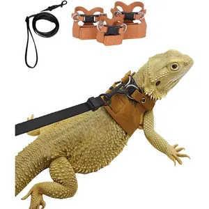 3 Pack Bearded Dragon Harness and Leash Set - Adjustable Soft Leather Lizard Harness Leash Small Animal Traction Rope Training Walking Vest Accessories for Reptile Squirrel Rat (Brown)