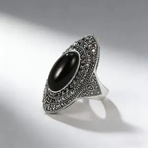 September S 925 Sterling Silver Vintage Retro Cocktail Statement Ring Black Agate & Onyx Ring with Black Cubic Zirconia Surrounded Decor, Antique Silver Big Black Stone Ring Victorian Style Jewelry for Women and Men Valentine’s Day gift