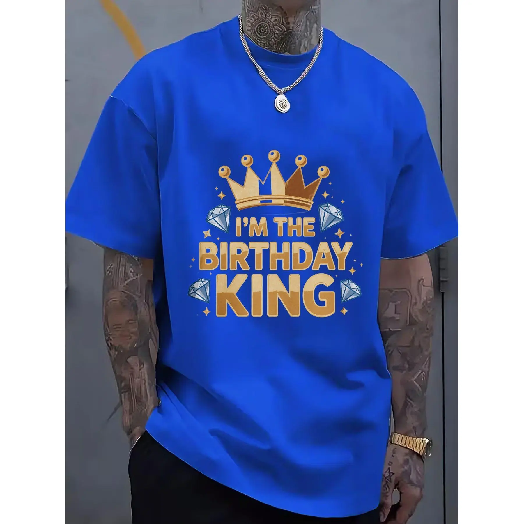 Men's Birthday King Graphic T-Shirt, Casual 100% Cotton Short Sleeve Crew Neck Top, Lightweight Tee for Birthday Celebrations, Machine Washable